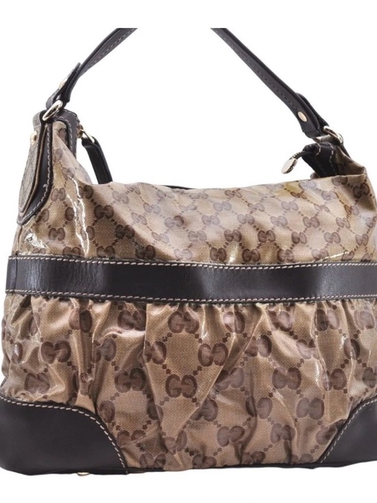 Gucci Handbags - Gucci Brown Monogram Shoulder Bag with Dark Leather Trim